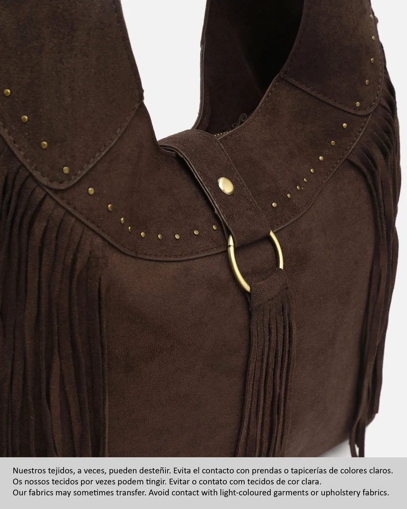 Seysino bolso de hombro grande efecto ante con flecos y detalles metálicos