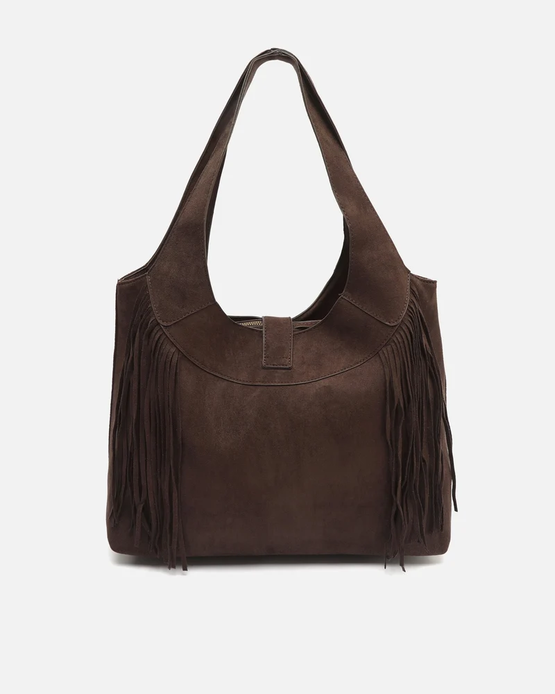 Seysino bolso de hombro grande efecto ante con flecos y detalles metálicos