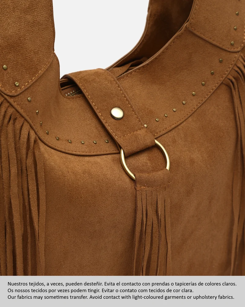 Seysino bolso de hombro grande efecto ante con flecos y detalles metálicos
