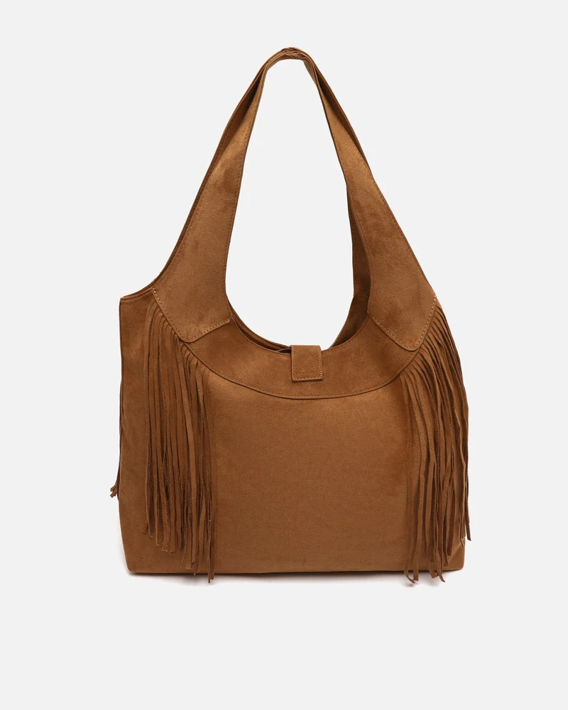 Seysino bolso de hombro grande efecto ante con flecos y detalles metálicos