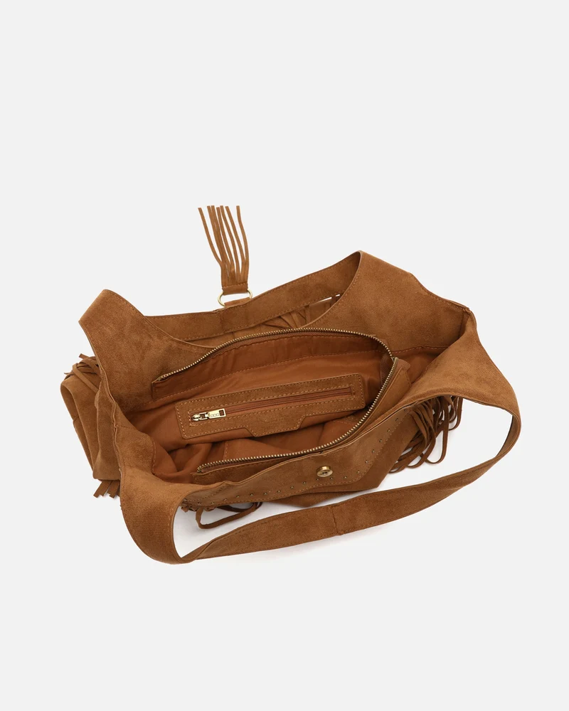 Seysino bolso de hombro grande efecto ante con flecos y detalles metálicos