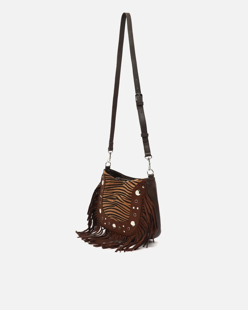 Catrina-1 bolso de hombro animal print con asa bandolera extraíble con detalles metálicos y flecos
