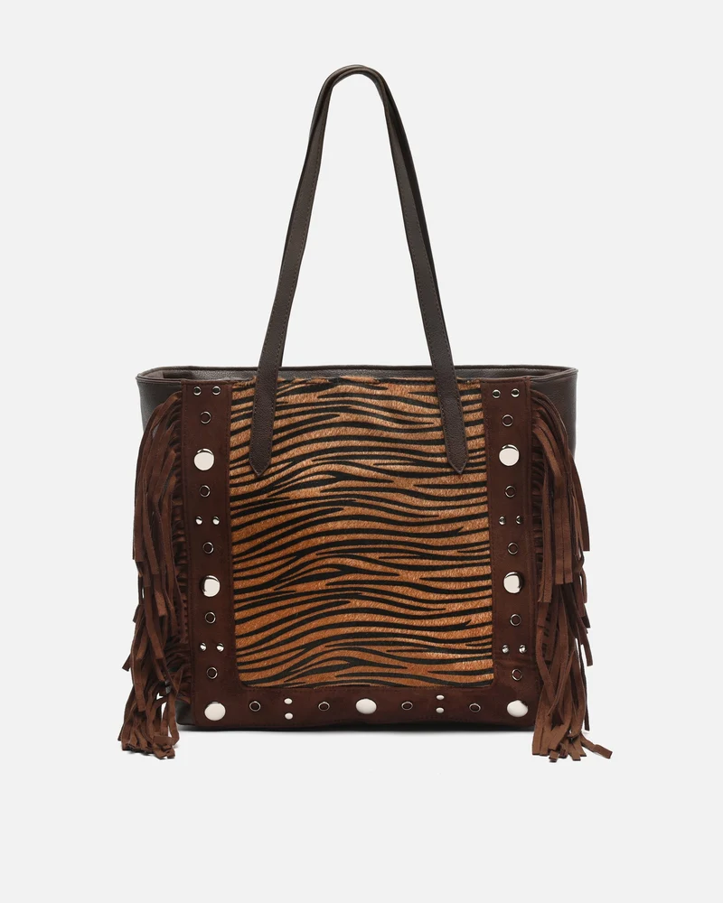 Catrinas-1 bolso shopper grande animal print con detalles metálicos y flecos