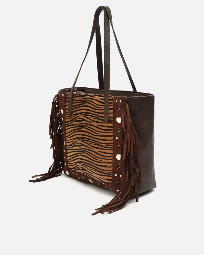 Catrinas-1 bolso shopper grande animal print con detalles metálicos y flecos