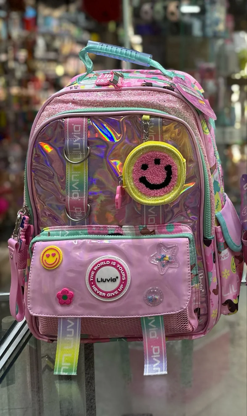 Mochila primaria stickers tornasol rosa lluvia