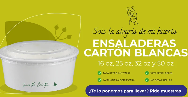 Ensaladera Blanca Cartón 1000 ml + Tapa rPET Antivaho (200 unid/caja) (exclusivo online)