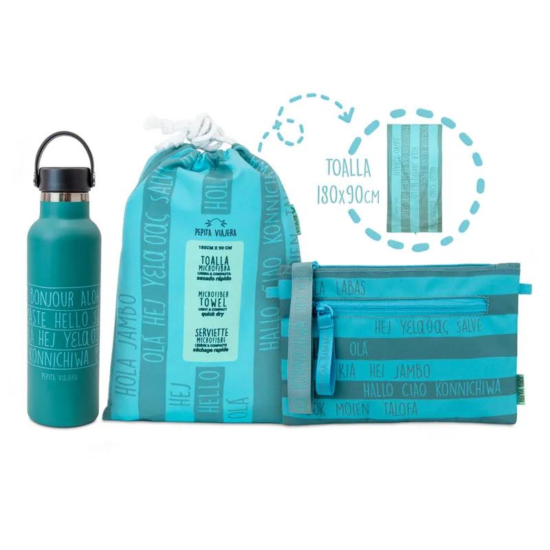 Pack Hello Beach! botella térmica, toalla y neceser Aguamarina