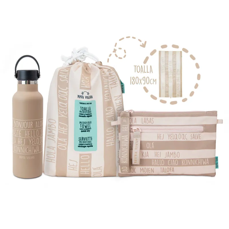 Pack Hello Mountain! botella térmica, toalla y neceser camel