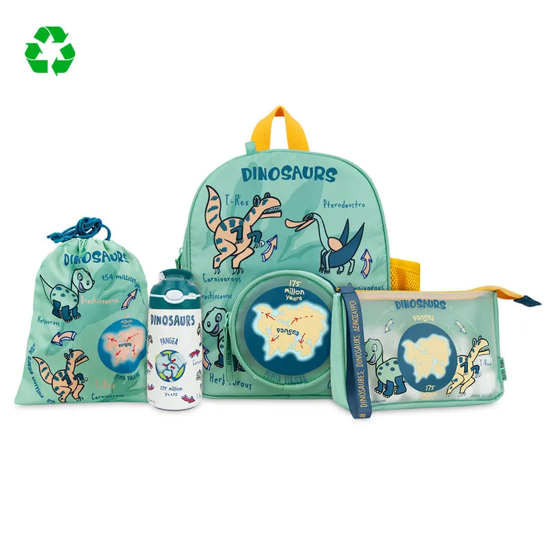 Pack Dinos botella térmica, mochila infantil, bolsa de almuerzo y neceser multiusos