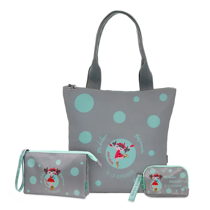 Pack tote, portatodo triple y monedero Patrimonio gris