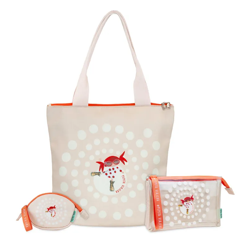Pack tote, portatodo triple y monedero Pepikusama tapioca
