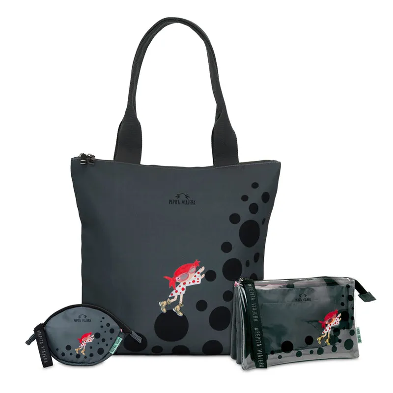 Pack tote, portatodo triple y monedero Pepikusama gris