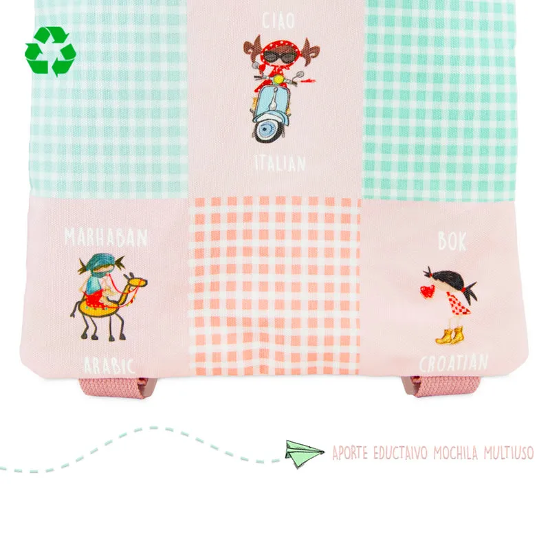 Pack Bolsas multiusos y Mochila blanda recicladas Saludos del Mundo