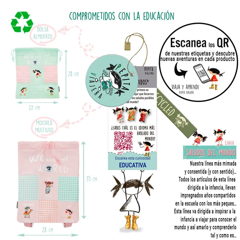 Pack Bolsas multiusos y Mochila blanda recicladas Saludos del Mundo