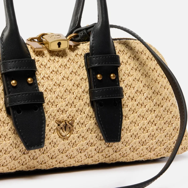 Bolso Pinko Donna BOWLING BAG horizontal 105334-A1RL C24Q de rafia/negro y oro viejo