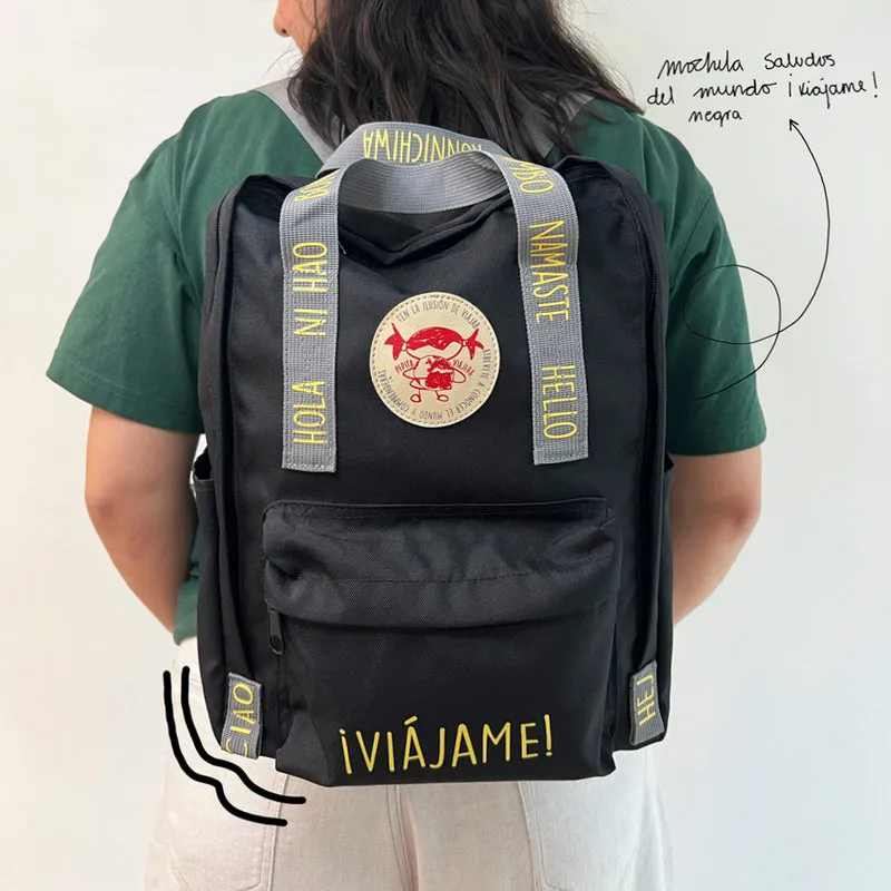 Mochila saludos del mundo ¡Viájame! Negra - Inglés