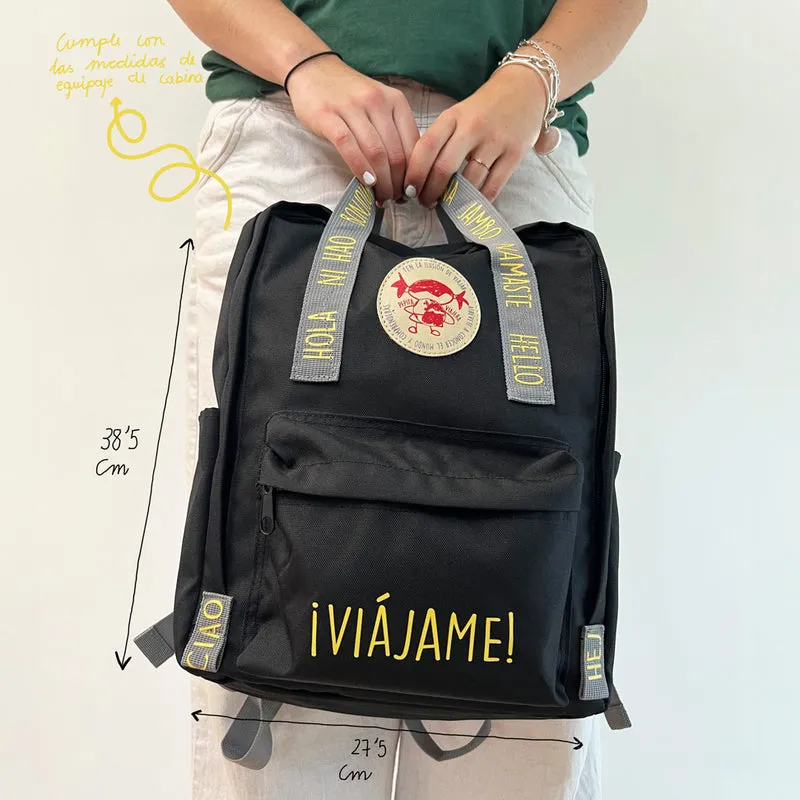 Mochila saludos del mundo ¡Viájame! Negra - Inglés