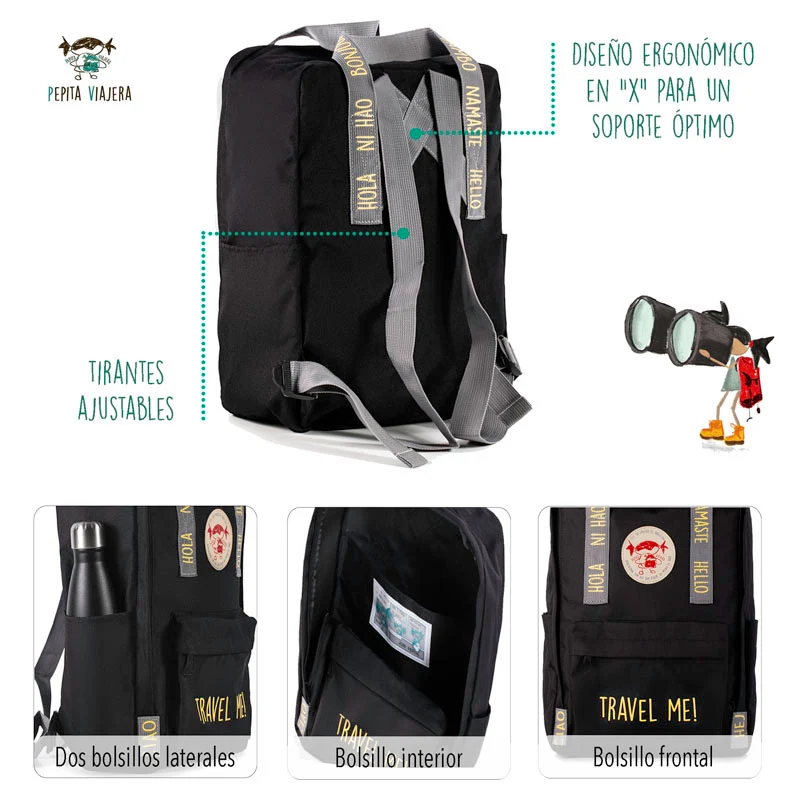 Mochila saludos del mundo ¡Viájame! Negra - Inglés