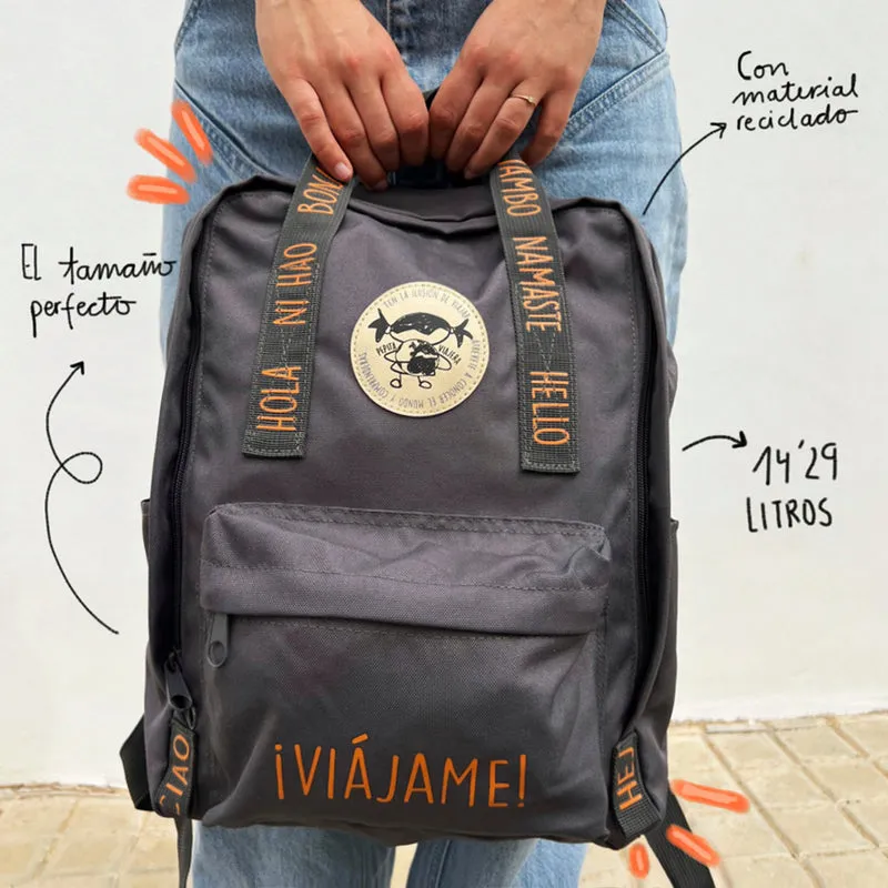 Mochila saludos del mundo ¡Viájame! Gris - Inglés