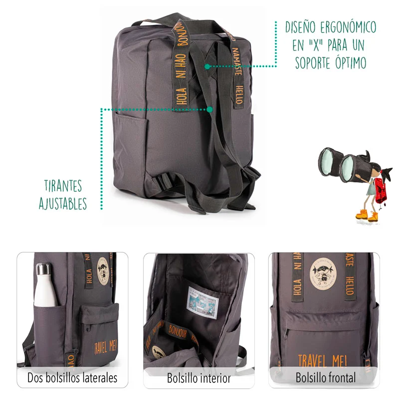 Mochila saludos del mundo ¡Viájame! Gris - Inglés