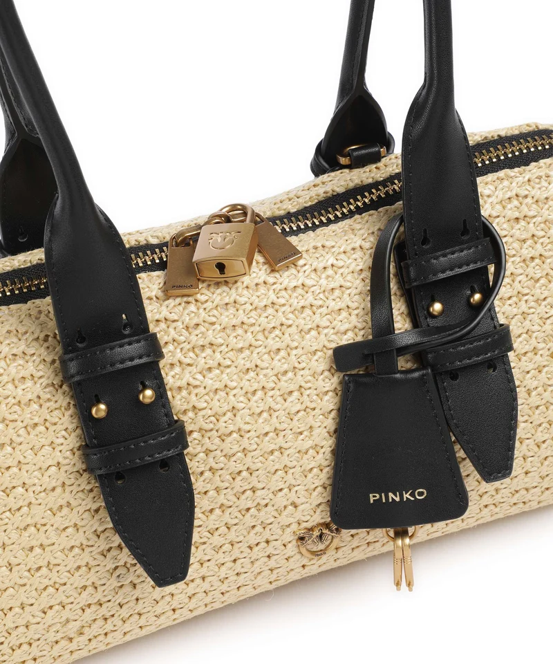 Pinko Bowling Horizontal Big Bolso de mano raffia/bianco/antique gold