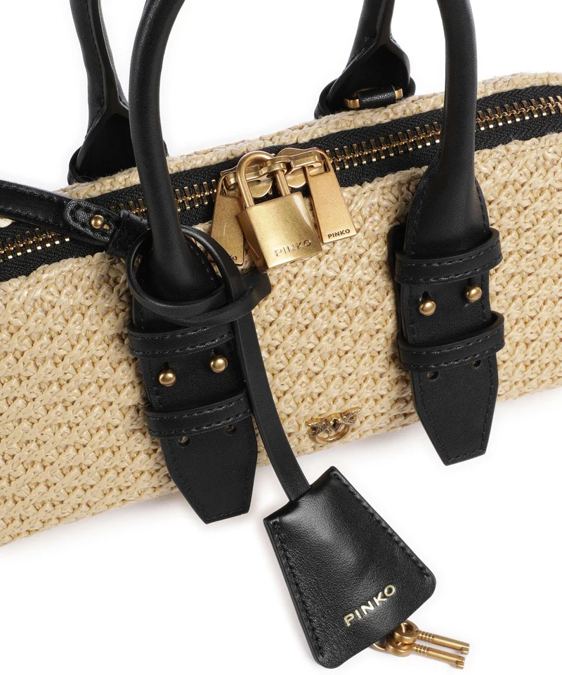 Pinko Bowling Horizontal Bolso de mano rafia/nero/antique gold