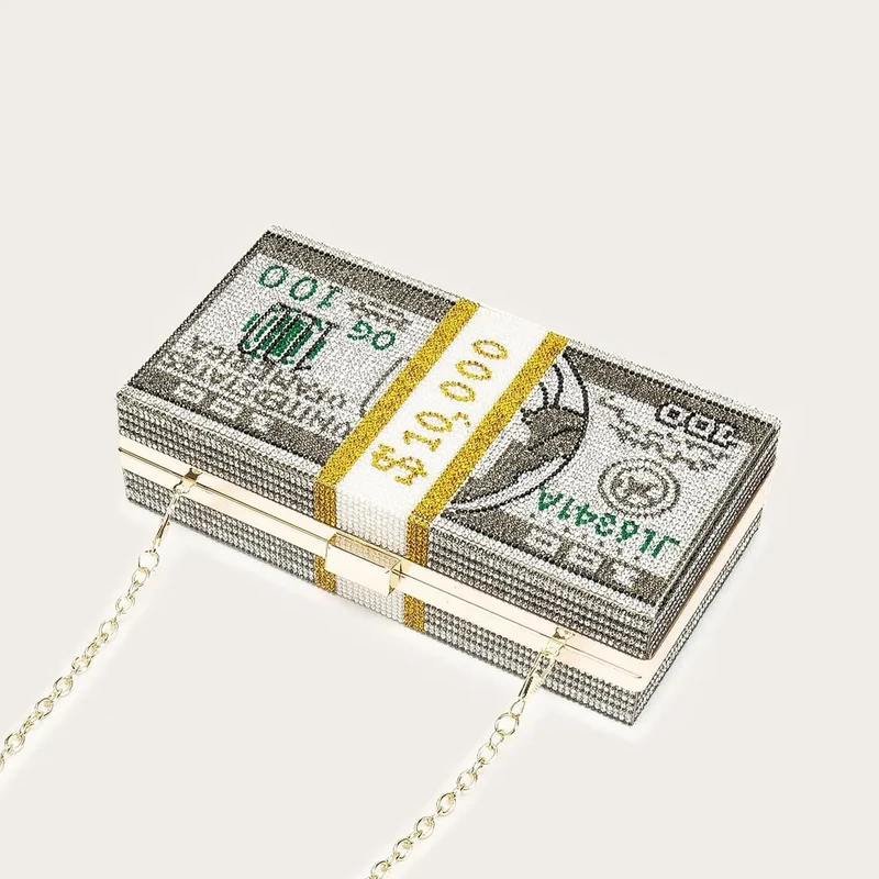 Cash Money $100 Dollars Money Bag Crystals Handbag